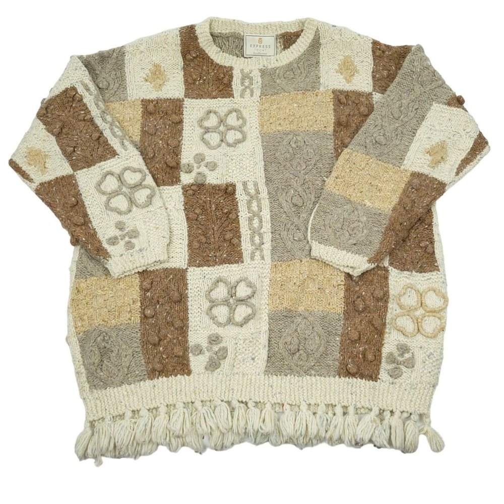 Vintage Express Tricot Sweater Hand Knitted M Fringe Chunky Oversize 90s Slouchy